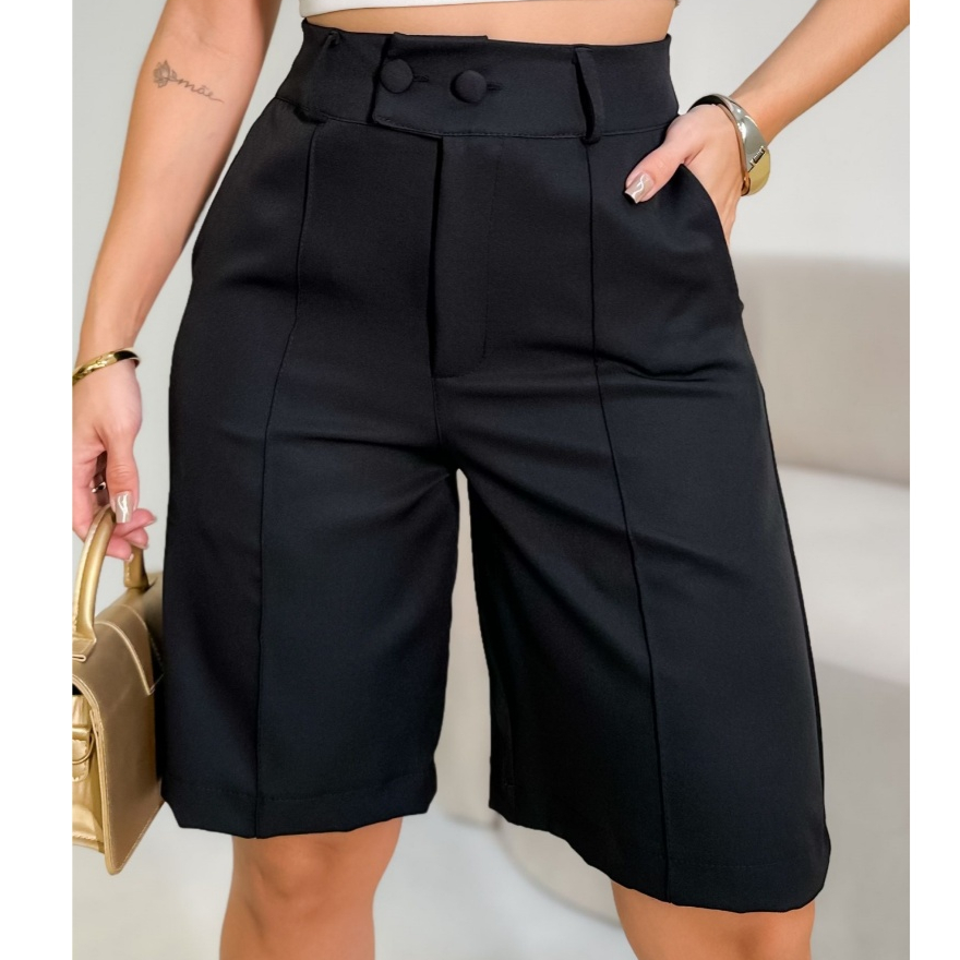 bermuda feminina Calças elegantes de comprimento médio com botões duplos e bolsos.