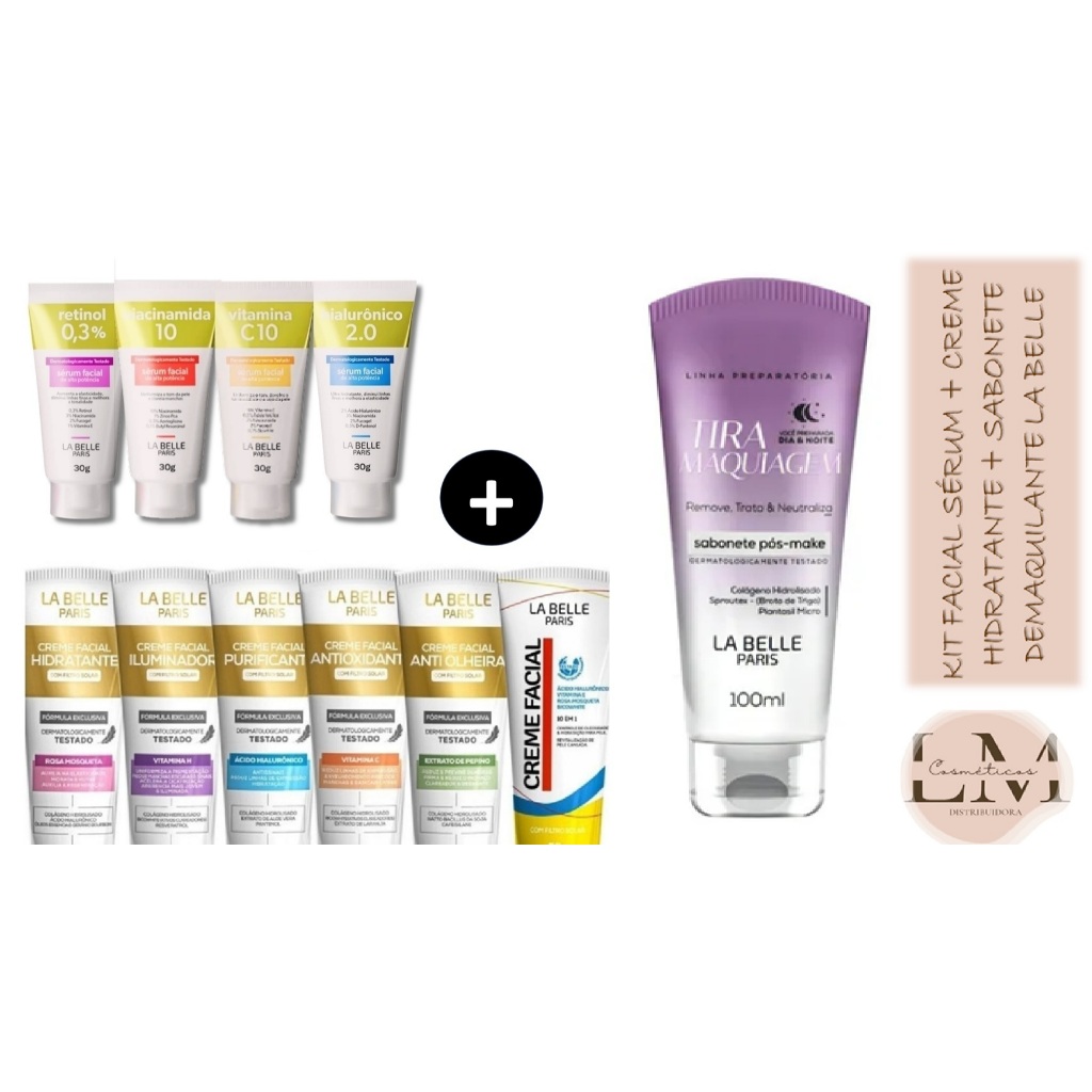 Kit Facial LA BELLE PARIS 03 itens Sérum + Creme Hidratante Facial + Sabonete Demaquilante La Belle