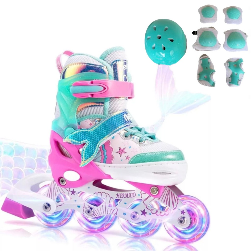 Patins Inline Infantil Meninas Verde Sereia Com Protecao Com LED Roller Reto Meninos Barato Criancas