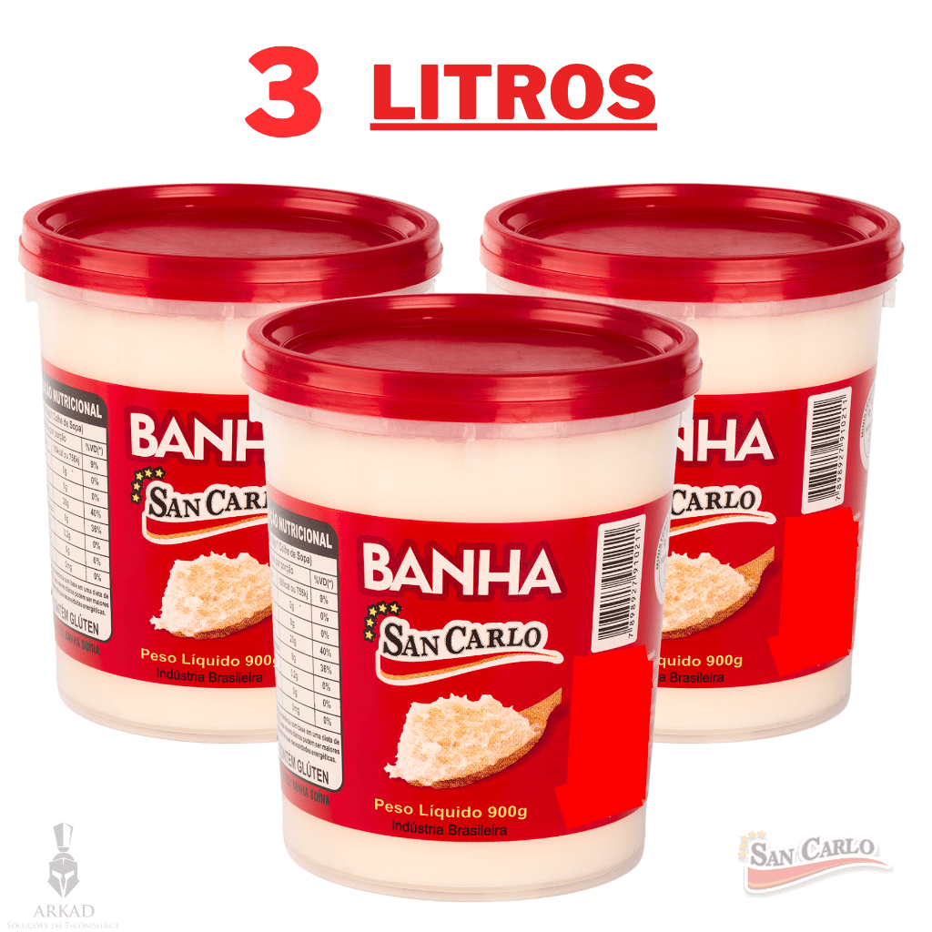 Kit Banha Suína 3 Litros Gordura de Porco Natural - San Carlo - Óleo de porco - Manteca de Cerdo