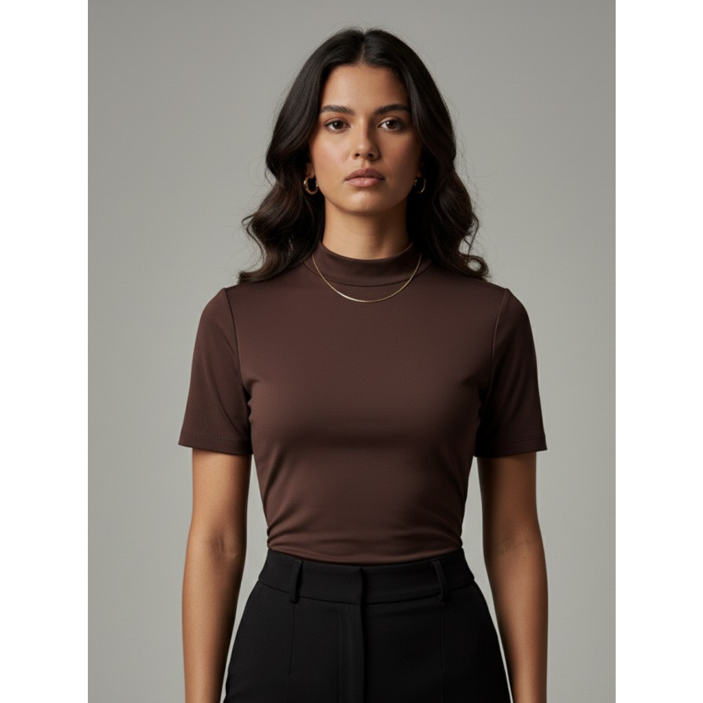 Blusa Feminina Gola Alta em Suplex Elegante Versátil Manga Curta Básica Sofisticada para Trabalho
