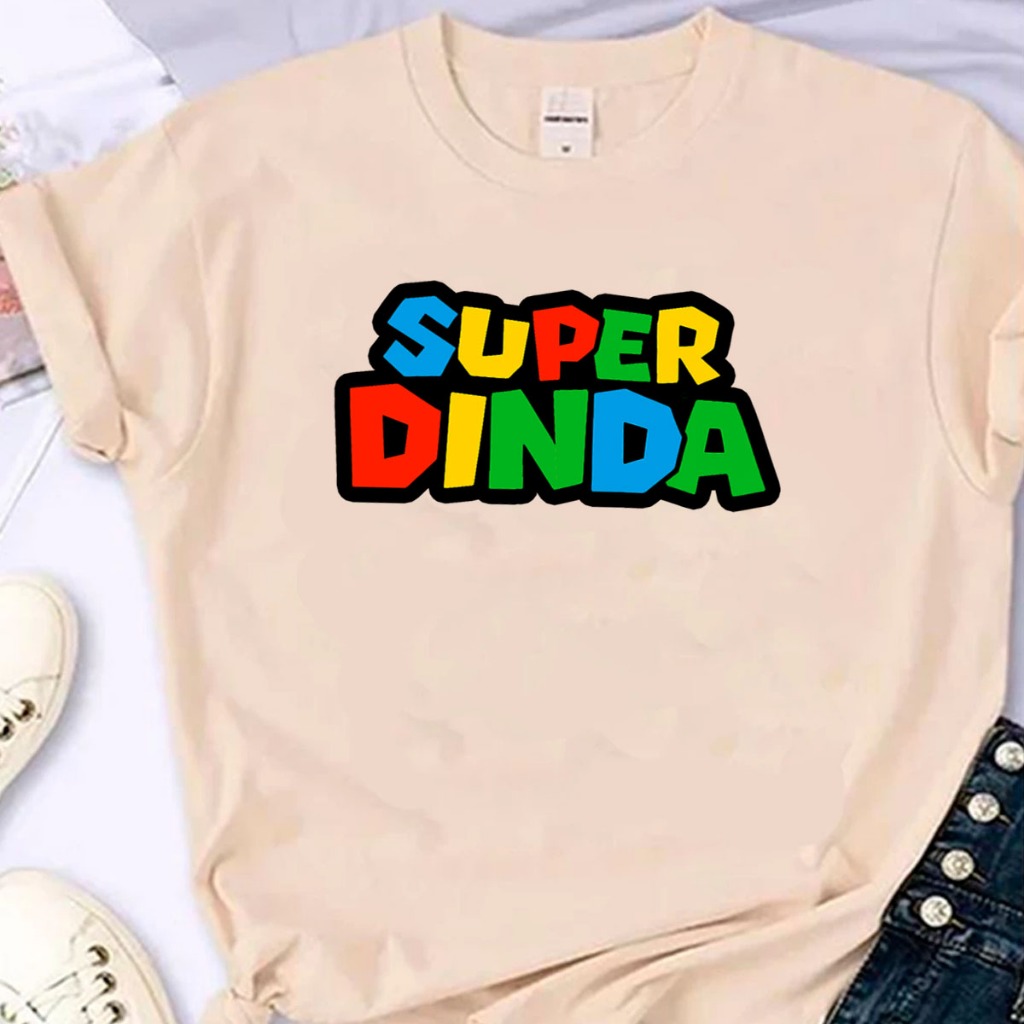 Camiseta Feminina T Shirt Algodão Casual Super Dinda Madrinha Tia Familia Frase Super Mario Bross Game Jogo Old em Oferta na Shopee