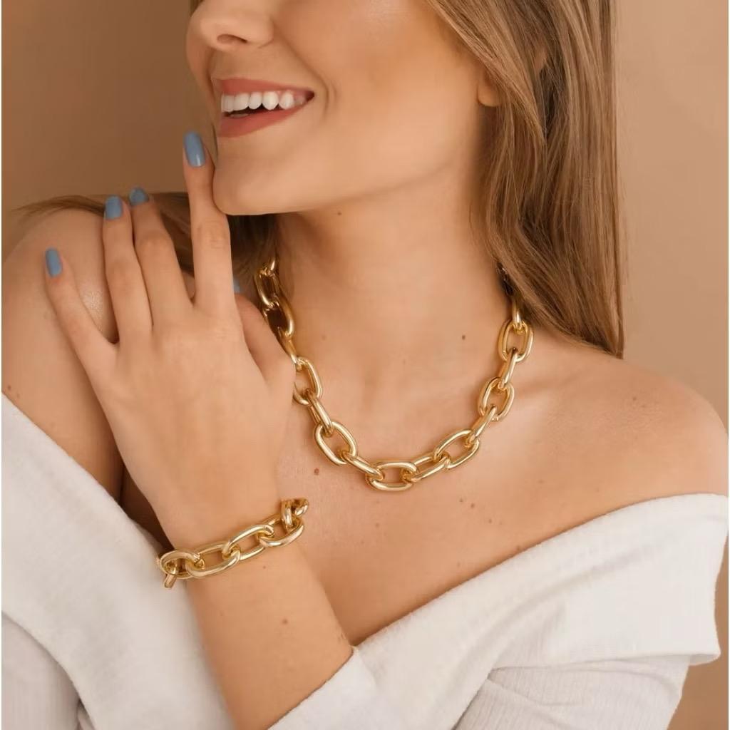 Kit Colar e Pulseira Elos- Dourado BANHADO a Ouro 18k Elegância e Sofisticação