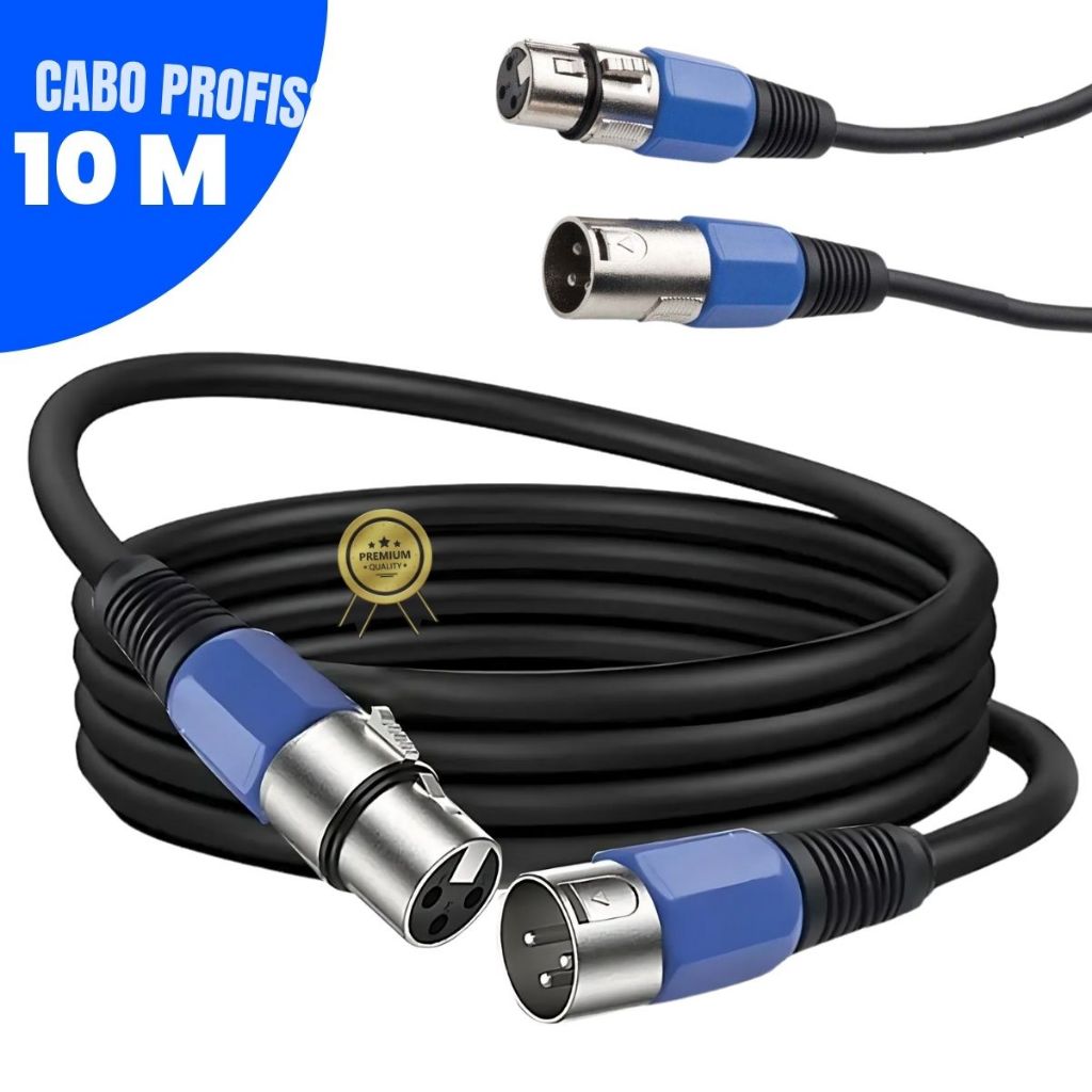 Cabo 10m Xlr Cannon Macho Femea Balanceado Compativel Microfone Instrumento Caixa Mesa de Som Audio Profissional