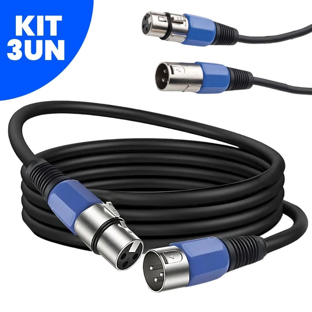 Kit 3 Cabos 10m Xlr Cannon Macho Femea Balanceado Compativel Microfone Instrumento Caixa Mesa de Som Audio Profissional