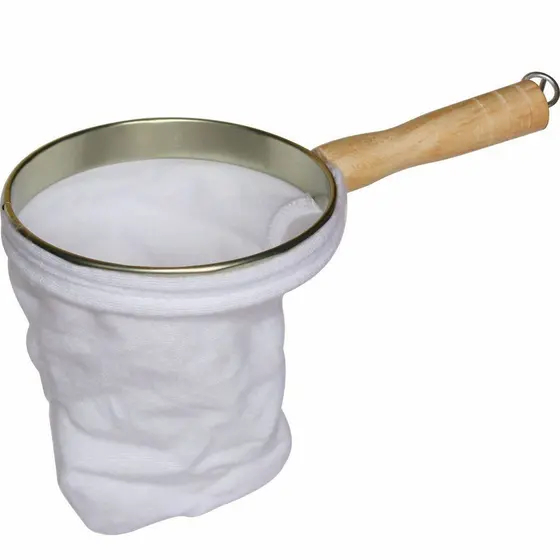 Filtro Coador de Pano 130mm Grande com Cabo de Madeira Tecido Malha 100% Algodão com Borda Branca - para Chá Café