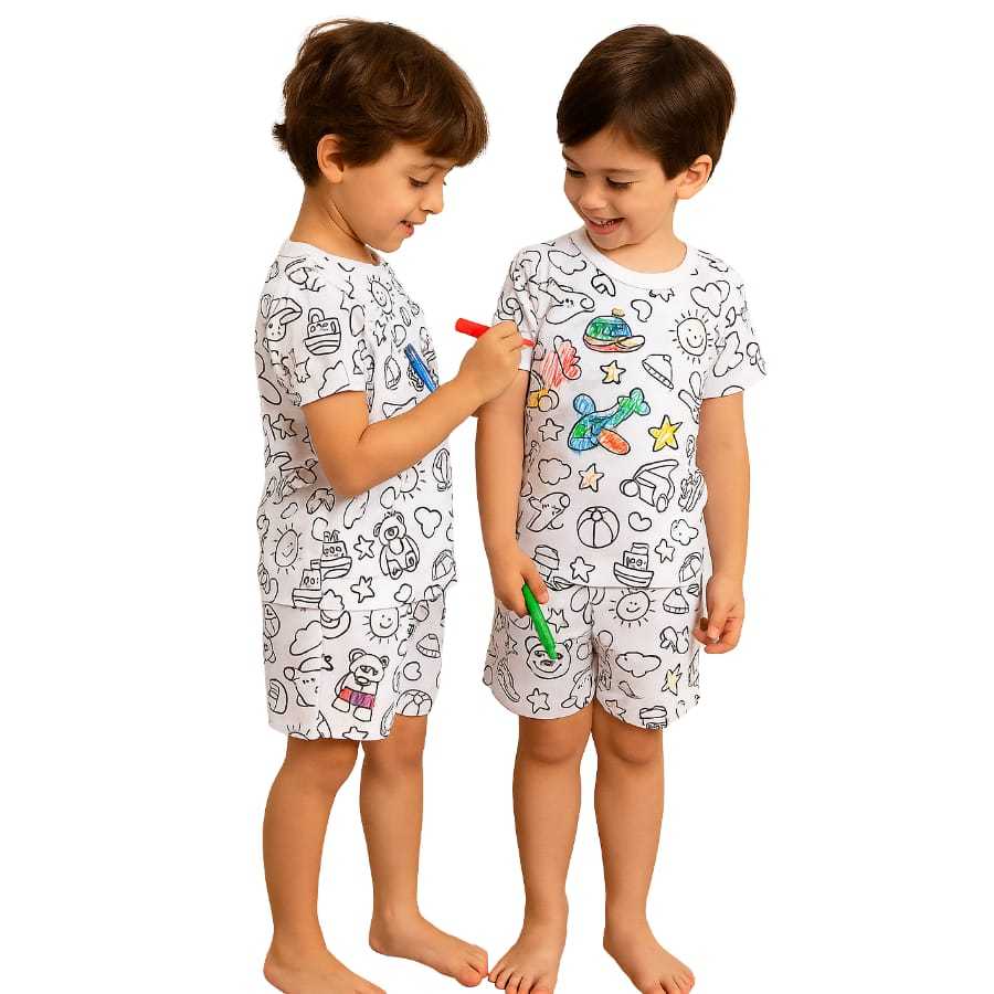 Conjunto Pijama Infantil Colorir + 6 Canetinhas Lavável Dia Crianças Presente