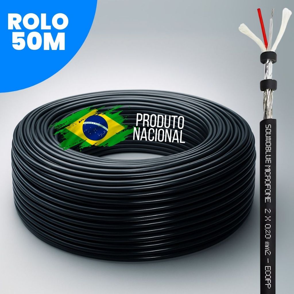 Rolo Cabo 50m Metros Dupla Blindagem Estereo Fio Xlr Cannon Balanceado para Microfone Mesa Caixa Som Audio Profissional