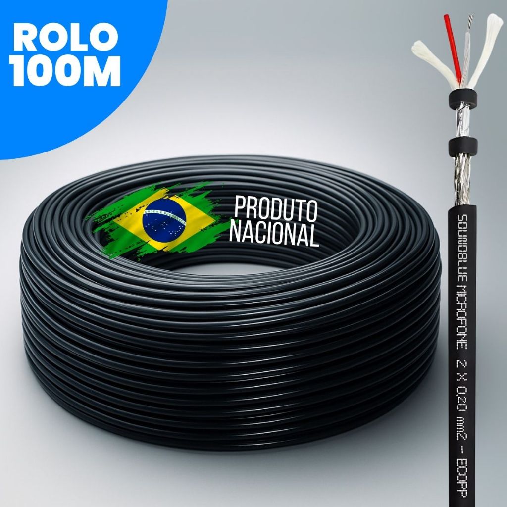 Rolo Cabo 100m Metros Dupla Blindagem Estereo Fio Xlr Cannon Balanceado para Microfone Mesa Caixa Som Audio Profissional