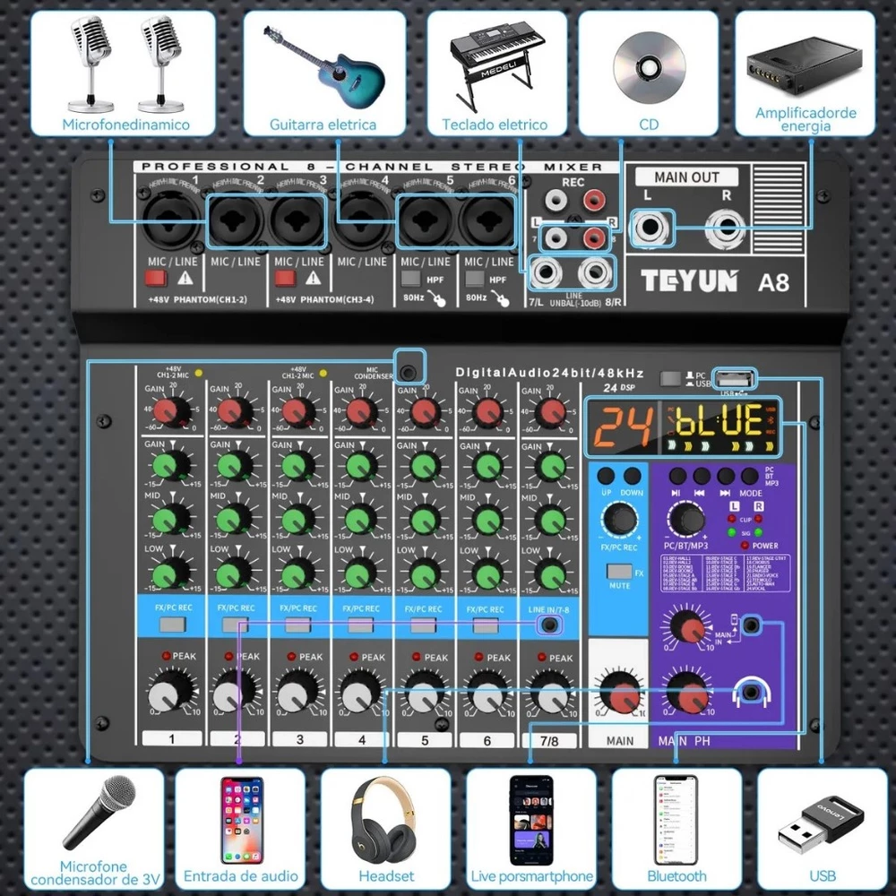 TEYUN 8 Canais Mesa De Som Profissional Mixers Som Mixagem Console Entrada do Computador 48V Número de Potência Para DJ