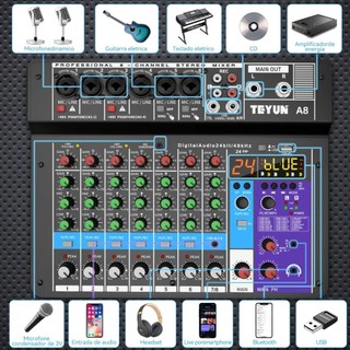 TEYUN 8 Canais Mesa De Som Profissional Mixers Som Mixagem Console Entrada do Computador 48V Número de Potência Para DJ