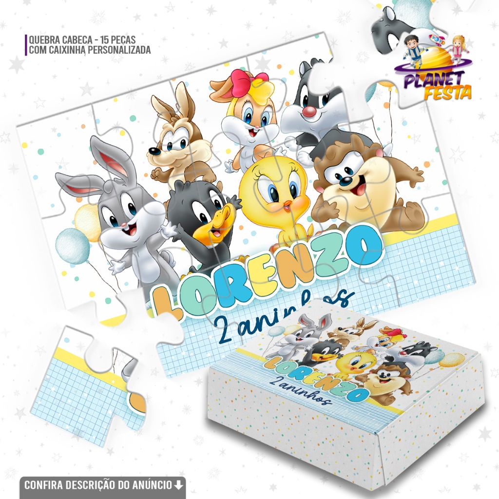 Quebra-Cabeça com Caixinha Personalizada Baby Looney Tunes | Lembrancinha de Aniversário 15 Peças