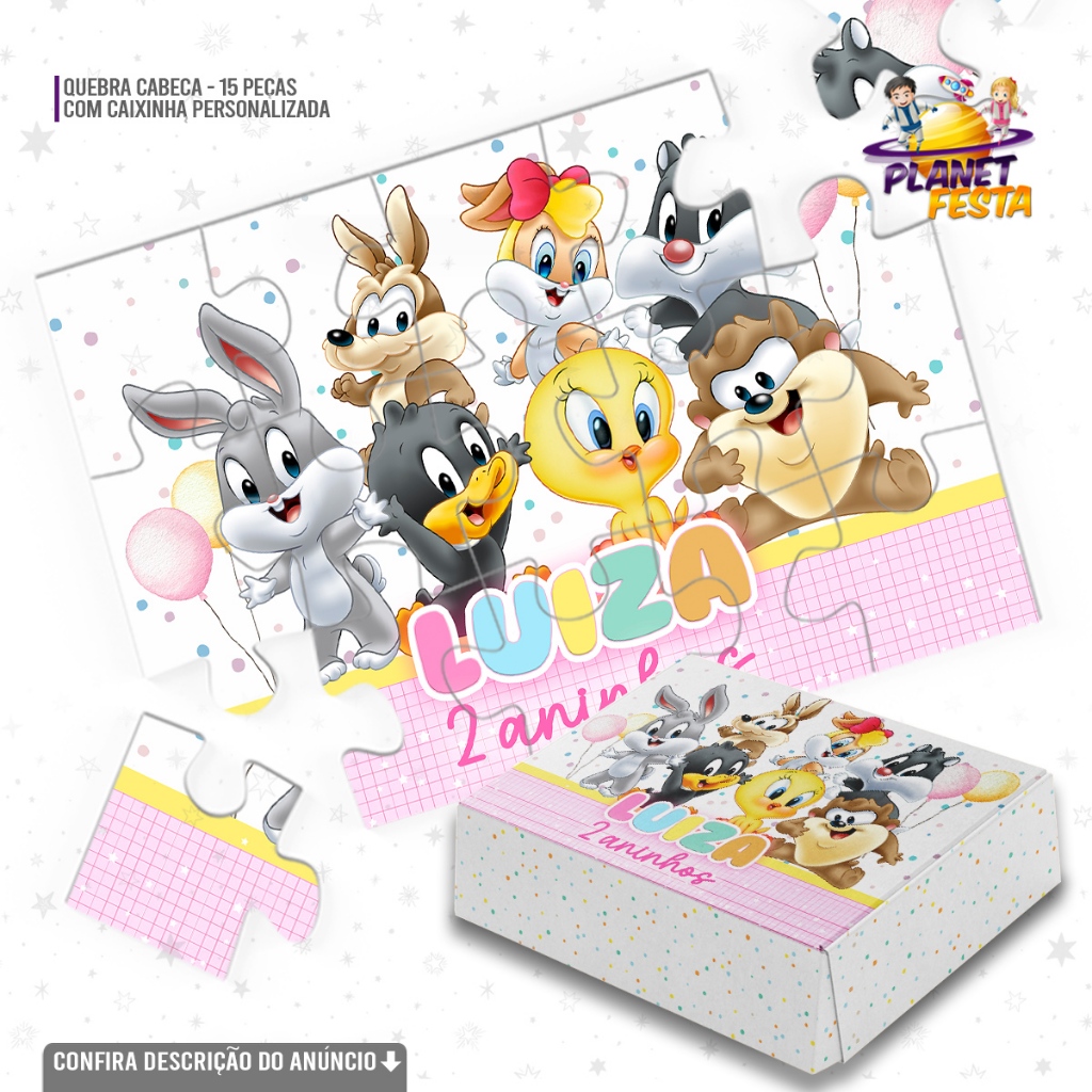 Quebra-Cabeça com Caixinha Personalizada Baby Looney Tunes Rosa | Lembrancinha de Aniversário 15 Peças