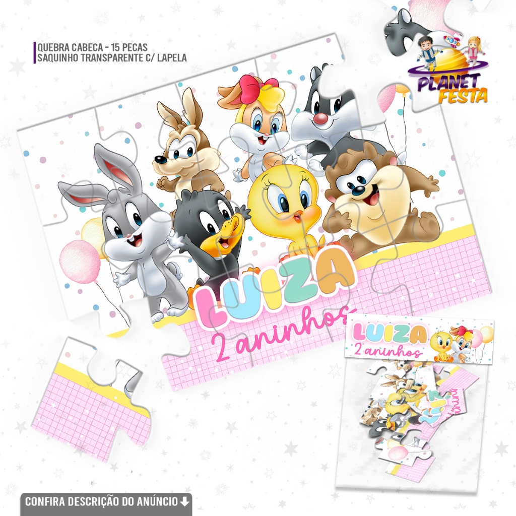 Quebra-Cabeça Personalizado Baby Looney Tunes Rosa | Lembrancinha de Aniversário 15 Peças
