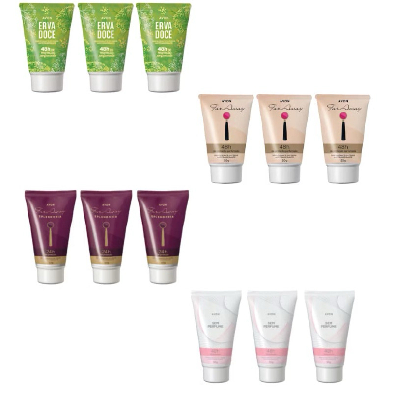 KIT COM 3 DESODORANTE ANTITRANSPRITANTES 50G - AVON: (BABY SMELL, ERVA DOCE, SEM PERFUME, FAR AWAY, SPLENDORIA, GLAMOUR