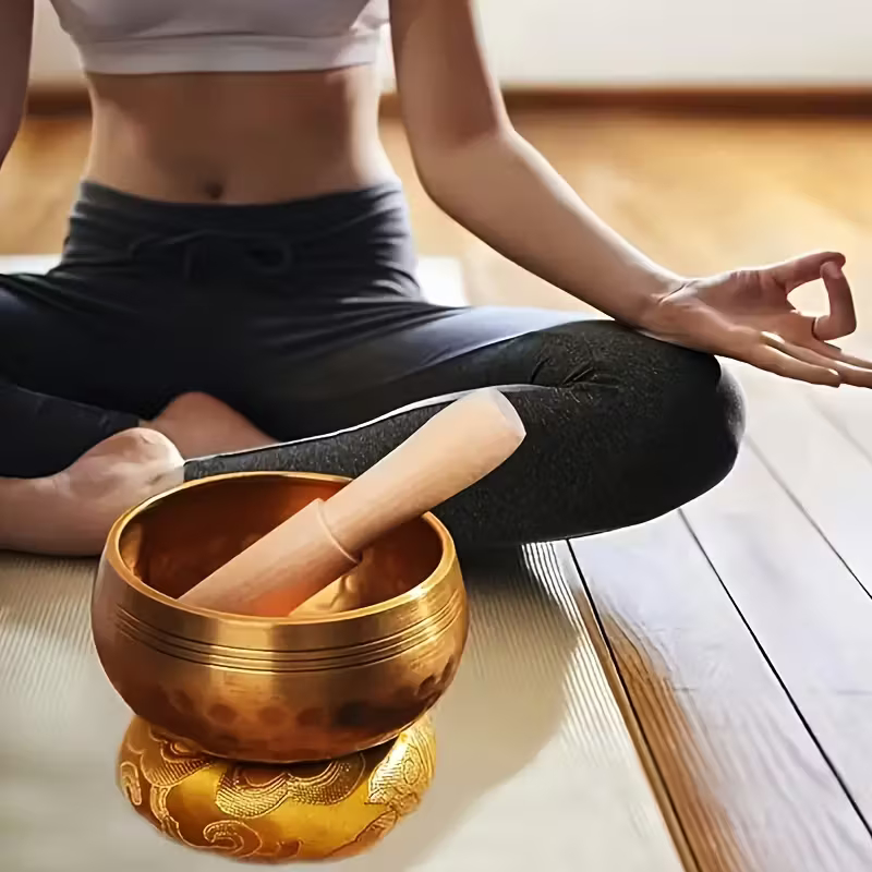 Imagem Conjunto de tigelas de cobre para cantar feitas à mão, sino de meditação budista para ioga, dourado