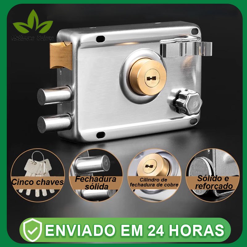 Fechadura Sobrepor cor Cromada Com Trava Dupla e 05 Copia De Chaves para Portão e Porta Fechadura Sobrepor cor Cromada Com Trava Dupla e 05 Copia De Chaves para Portão e Porta