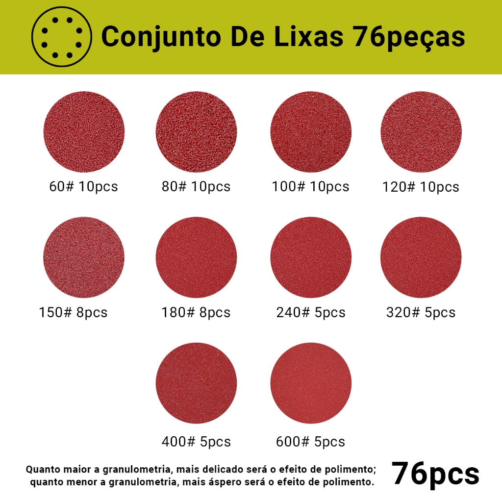 Kit 76pcs Lixas Velcro 8 Furos 125mm 5 Pol Parede Lixadeira Roto Orbital Grão DESOON