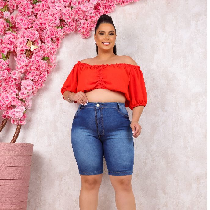 Bermuda Jeans Ciclista Até o Joelho Plus Size Cós Alto Lycra 34 36 38 40 42 44 46 48 50 52 54 56 em Oferta na Shopee