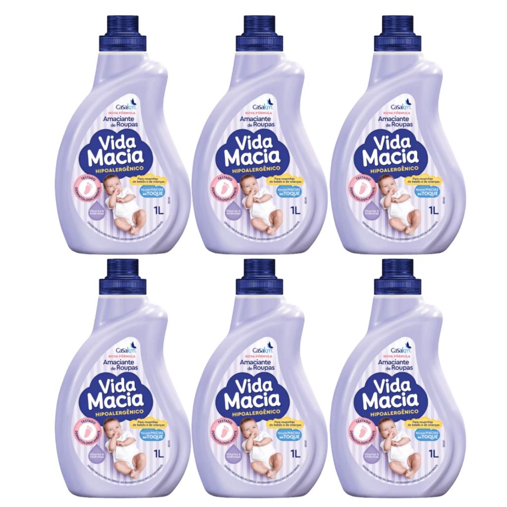 Kit 6 Amaciantes Vida Macia Hipoalergênico Glicerina & Amêndoas 1 Litro Roupinha Bebê Criança