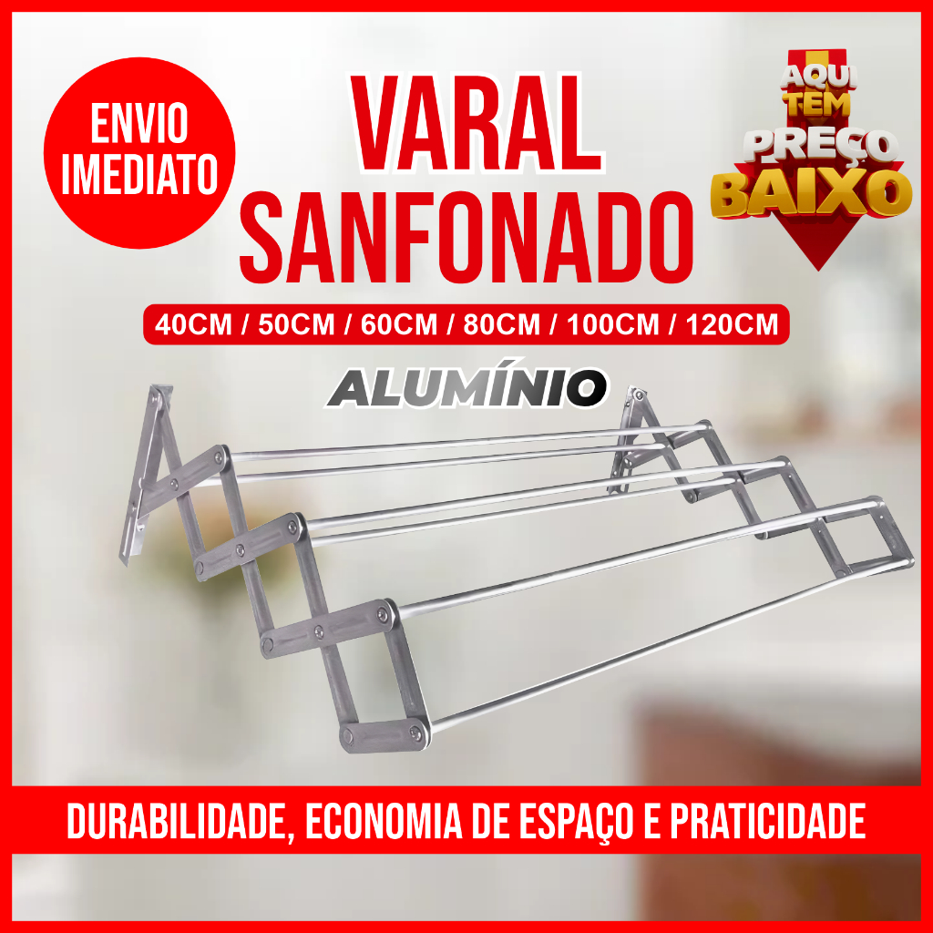 Varal Sanfonado Retratil ALUMINIO 40cm 60cm 80cm 100cm 120cm em Oferta na Shopee