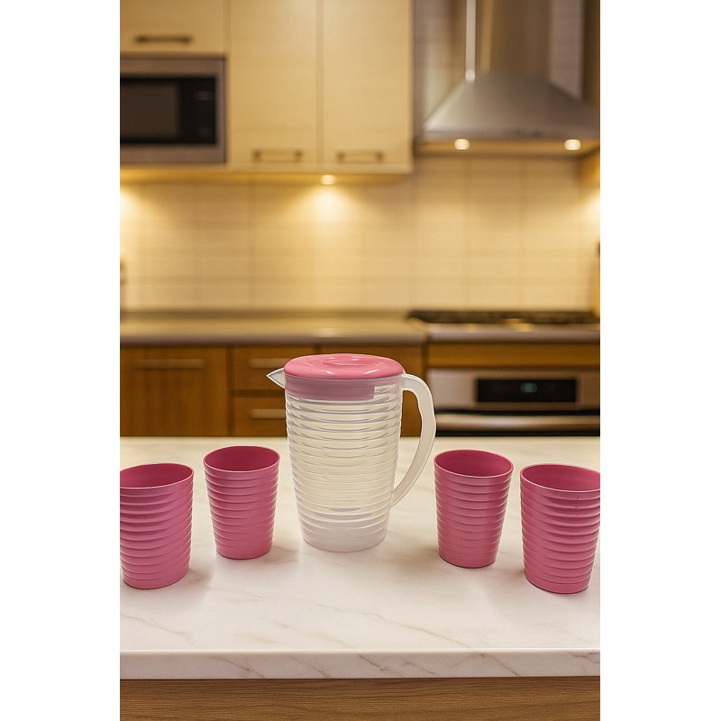 Kit 5 Peças Com Jarra 2 Litros e 4 Copos De Plástico Rosa Para Cozinha Presente Enxoval Casamento Casa Decoração