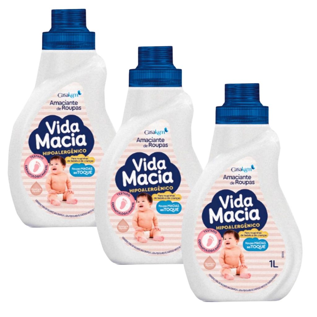 Kit 3 Amaciantes Vida Macia Hipoalergênico Glicerina & Algodão 1 Litro Roupinha Bebê Criança