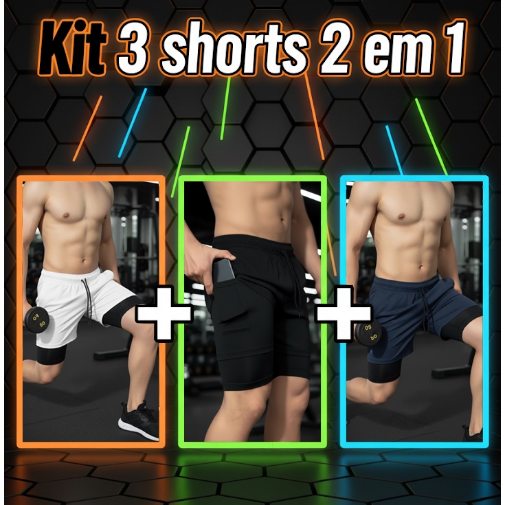 Kit 3 Shorts 2 em 1 Dry Fit com bolso lateral para celular, atividades físicas, Cross Fit, Academia em Oferta na Shopee