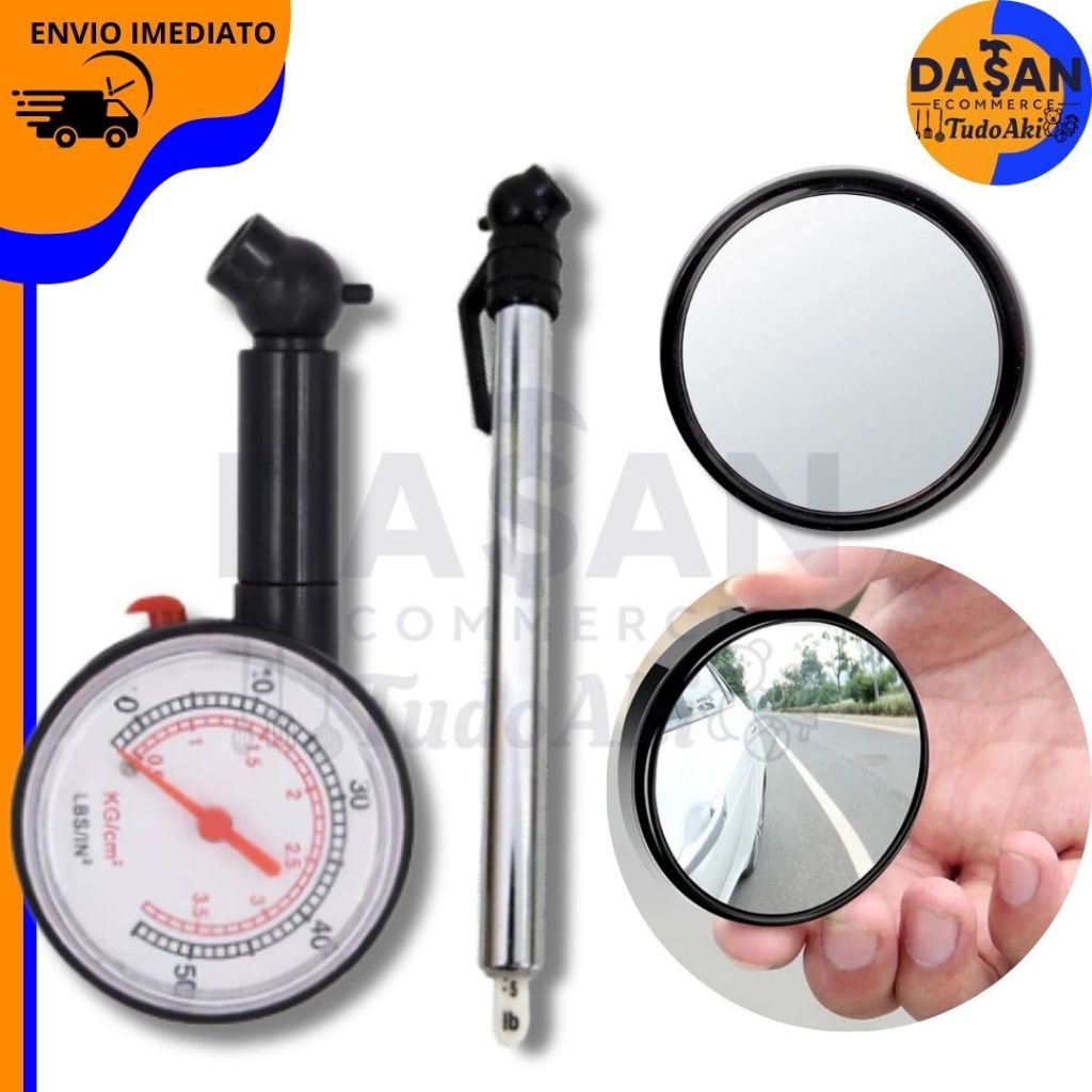 Kit 3 em 1: Calibrador de Pneu + Medidor de Pressão + Espelho Convexo 5cm