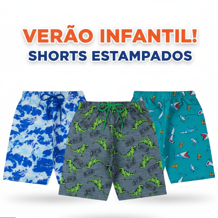 Kit 3 Bermudas Menino Infantil Shorts Estampado Tactel Praia Estampas Sortidas Verão Kids