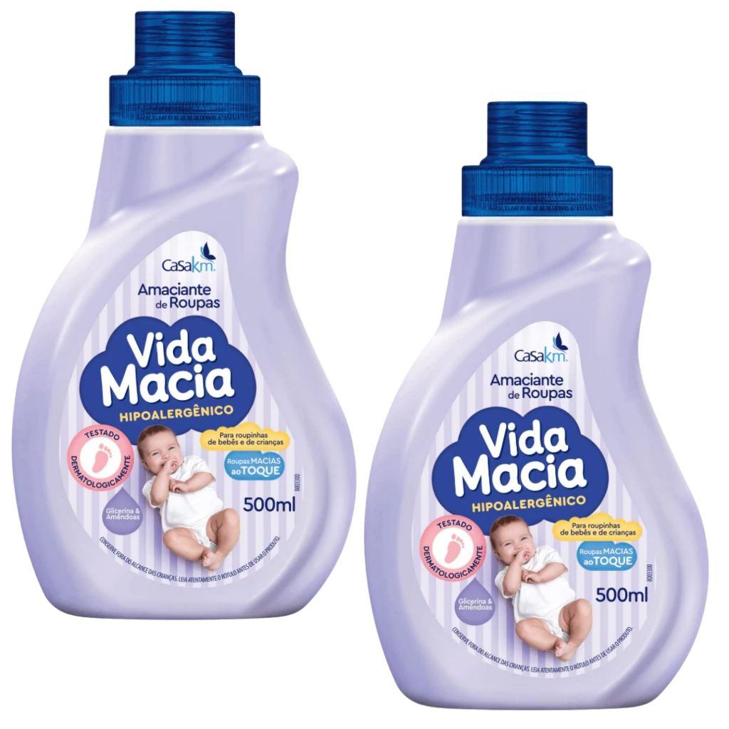 Kit 2 Unidades Amaciante Vida Macia Hipoalergênico Glicerina & Amêndoas 500ml Roupinha Bebê Crianças