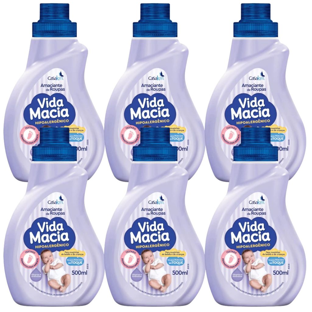 Kit 6 Unidades Amaciante Vida Macia Hipoalergênico Glicerina & Amêndoas 500ml Roupinha Bebê Crianças
