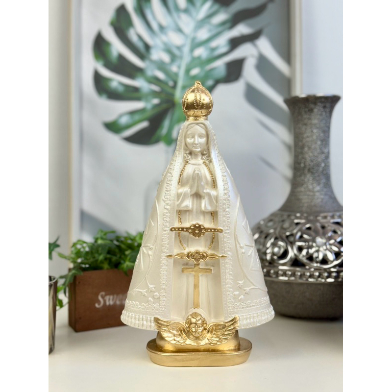nossa senhora aparecida 30cm manto bordado perolado detalhes em dourado gesso