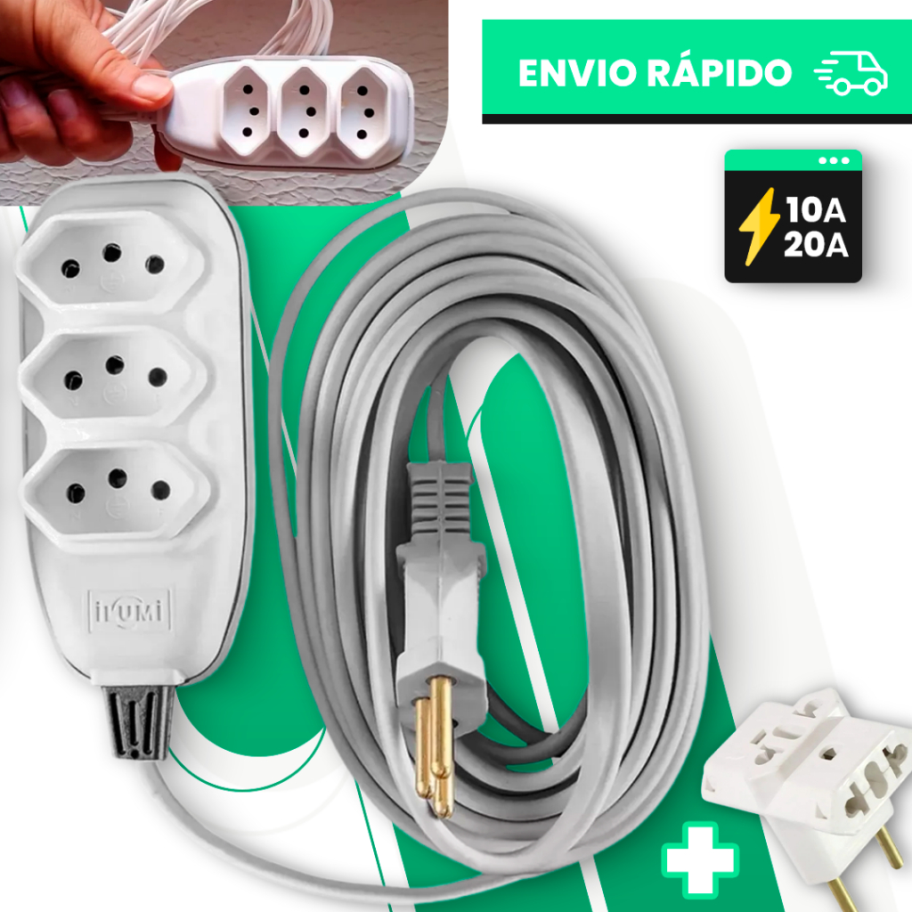 EXTENSÃO ELÉTRICA + ADAPTADOR DE TOMADA 110/220V 2/3/5/10 METROS 10A BIVOLT - COR BRANCA