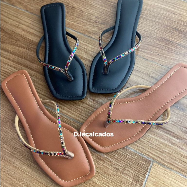 Sandália Feminina Rasteira Rasteirinha Estilosa Elegante Confortável Chinelo de Dedo Feminino Brilho