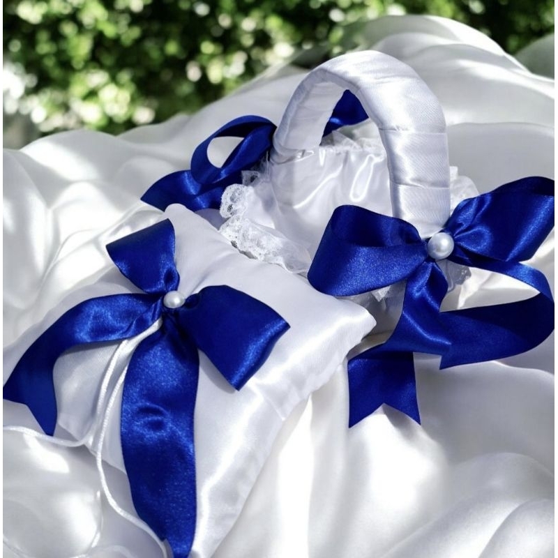 kit Cesta de Florista + Almofadinha Azul Royal e Branco Bodas Daminhas Noivado