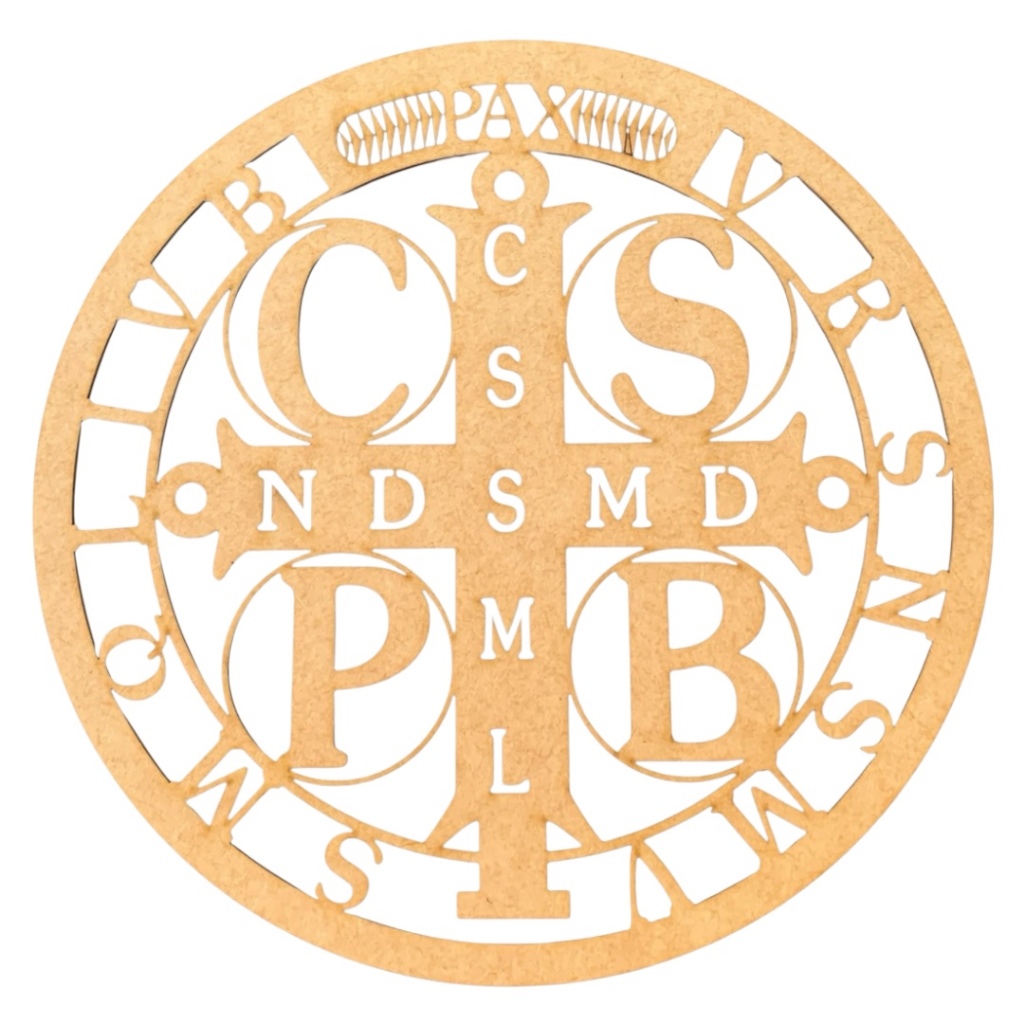 Kit 2 Quadro Decorativo Vazado Religioso Medalha São Bento MDF Cru