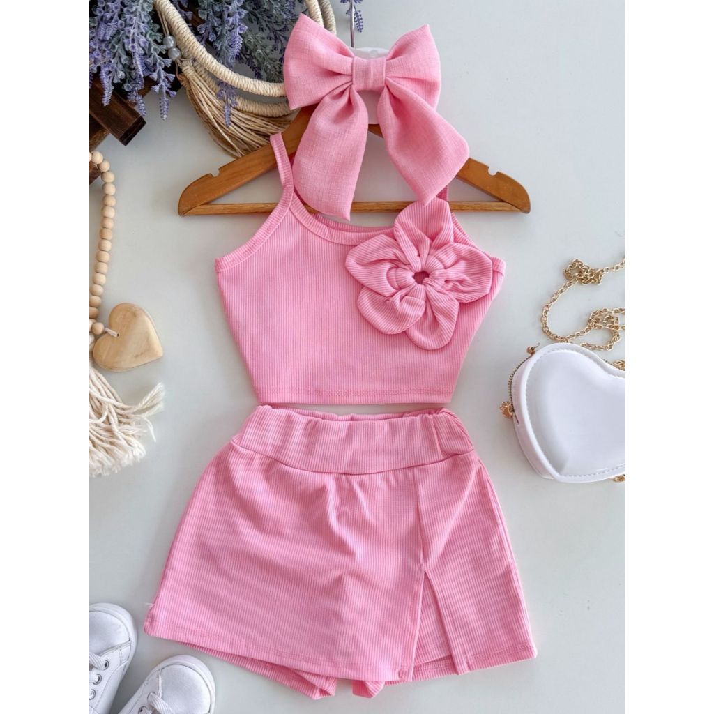 Conjunto Infantil Menina Shorts Saia de Flor Ribana Moda Gringa