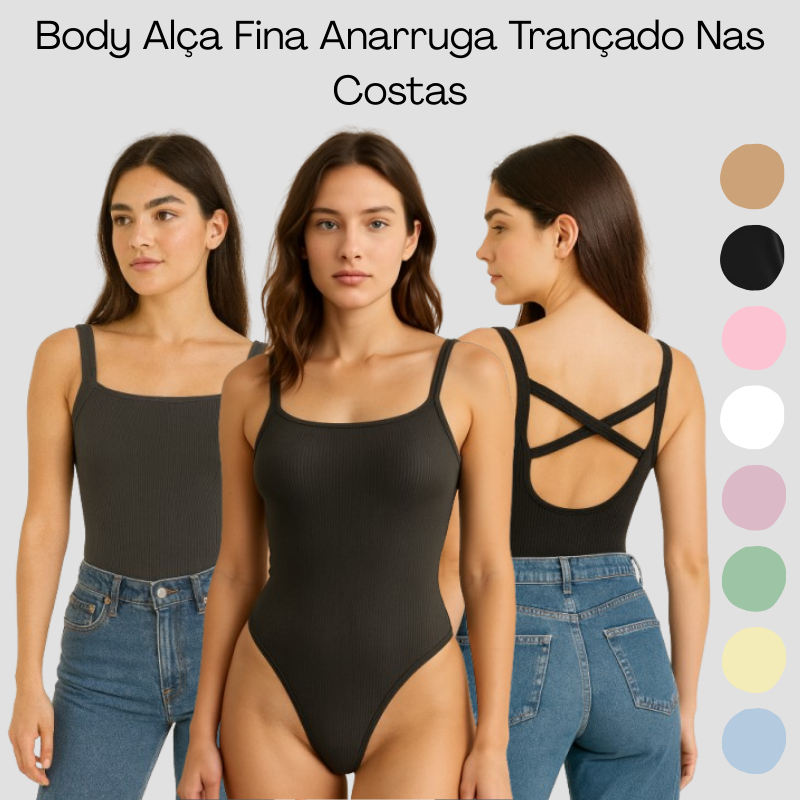 Body Feminino Alça Bory Canelado Tecido Anarruga Costas Nua Atoalhado Body Verão