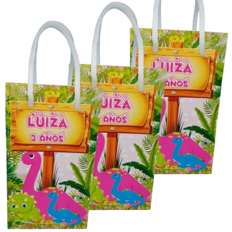 Sacolinha Personalizada Dinossauro Baby Rosa para lembrancinha festa aniversário/ Papel Fotográfico