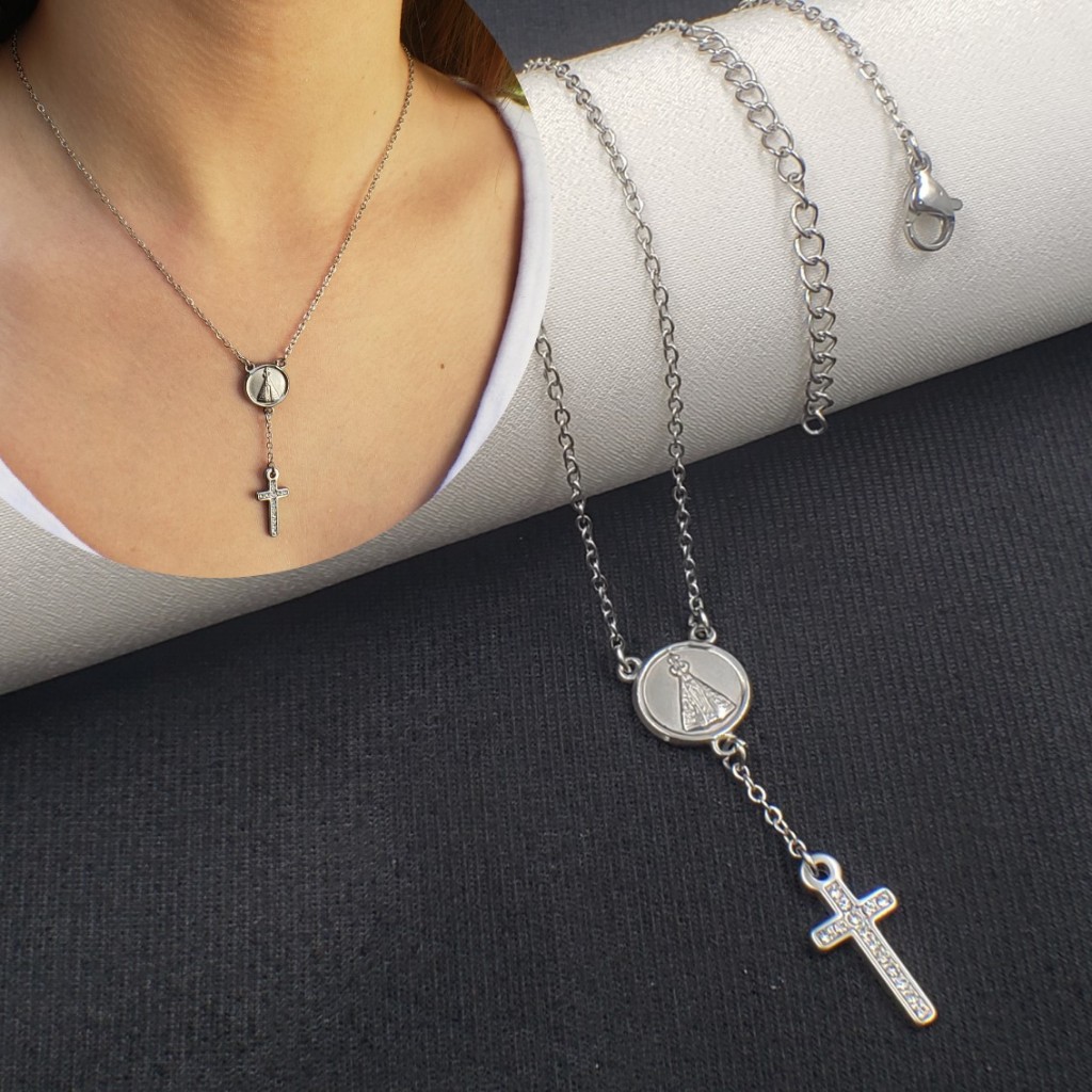 colar aço inoxidável feminino Pingente Nossa Senhora Terço Corrente 45 cm Gargantilha Feminina Colar Religioso Feminino