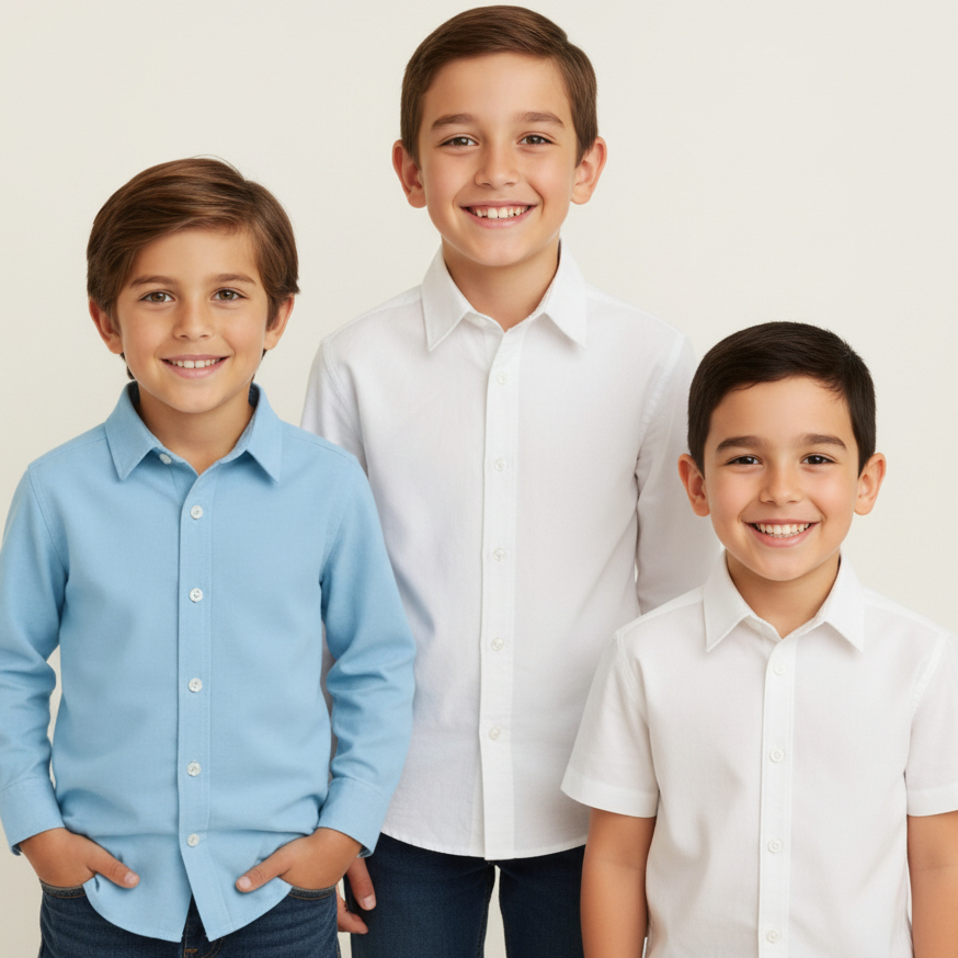 Camisa Social Branca ou Azul Bebê Infantil Juvenil Masculina 01 ao 16 - Manga Longa Ou Curta