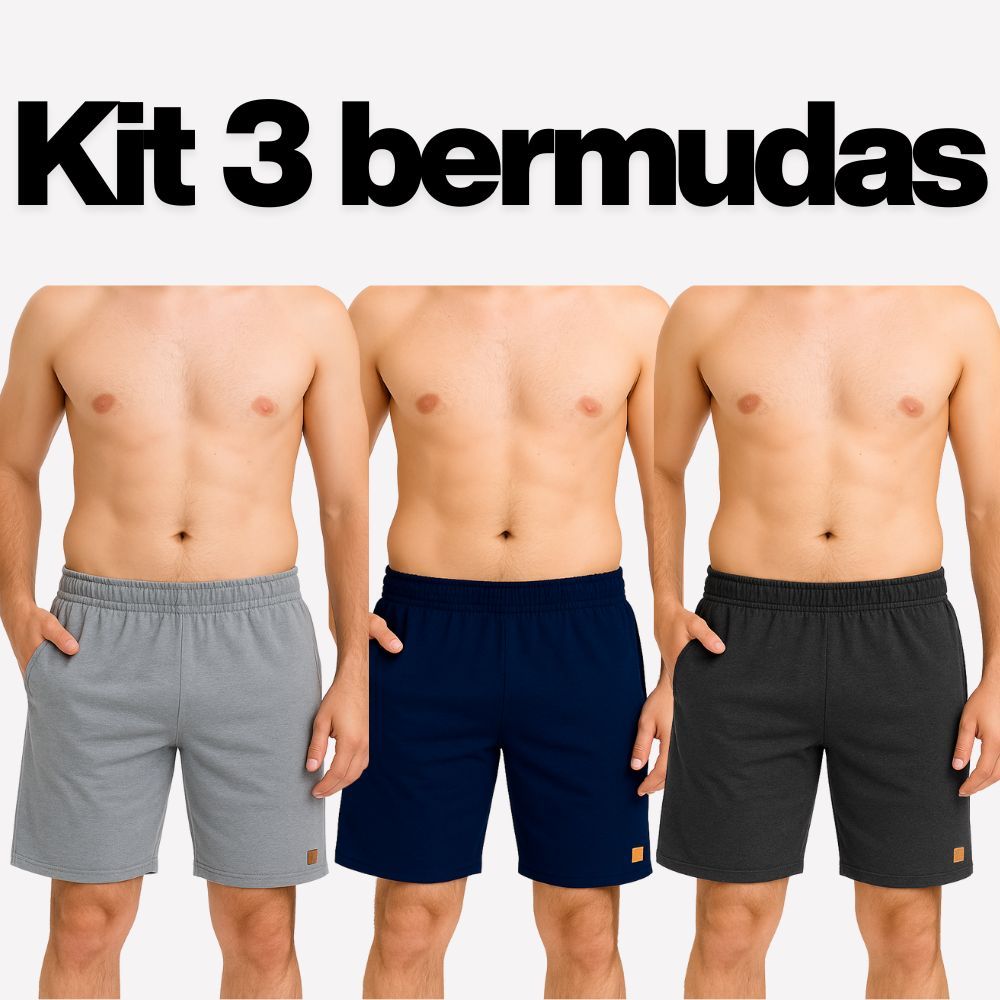 Kit 3 Bermuda Moletom Masculina Com Bolso Elástico Academia e Esporte