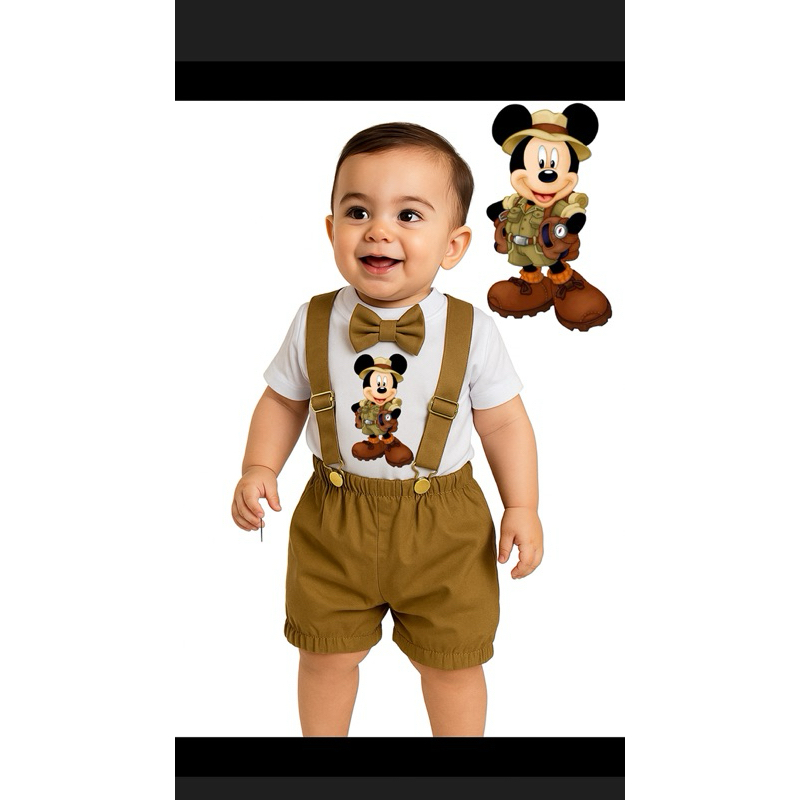Fantasia Kit conjunto Fantasia Mickey safari Camisa, Short, gravata infantil masculino promoção