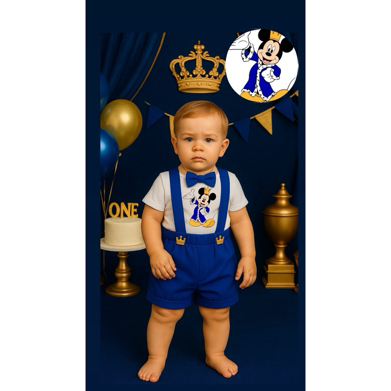 Kit conjunto Fantasia Mickey Realeza Camisa, Short, gravata infantil masculino promoção