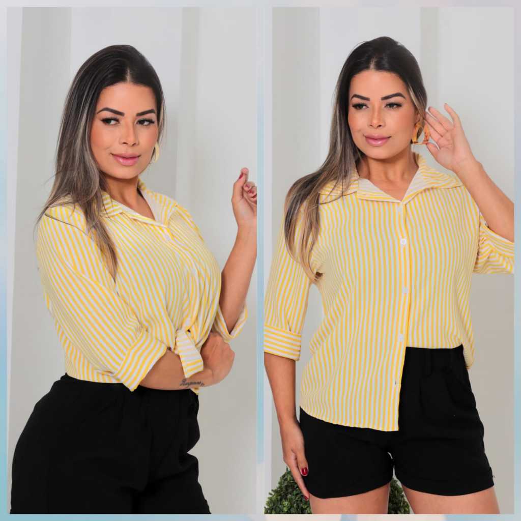 Camisa Feminina Crepinho Listrado Manga 3/4 Com Botoes em Oferta na Shopee