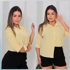 Camisa Feminina Social Manga 3/4 Listrada Casual Chic Moderna em Crepe com Botões Elegantes