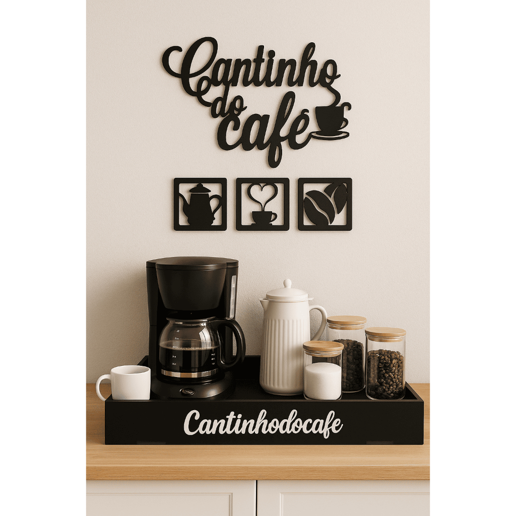 Cantinho do Café em MDF Preto – Kit com Placas Decorativas e Bandeja em Oferta na Shopee