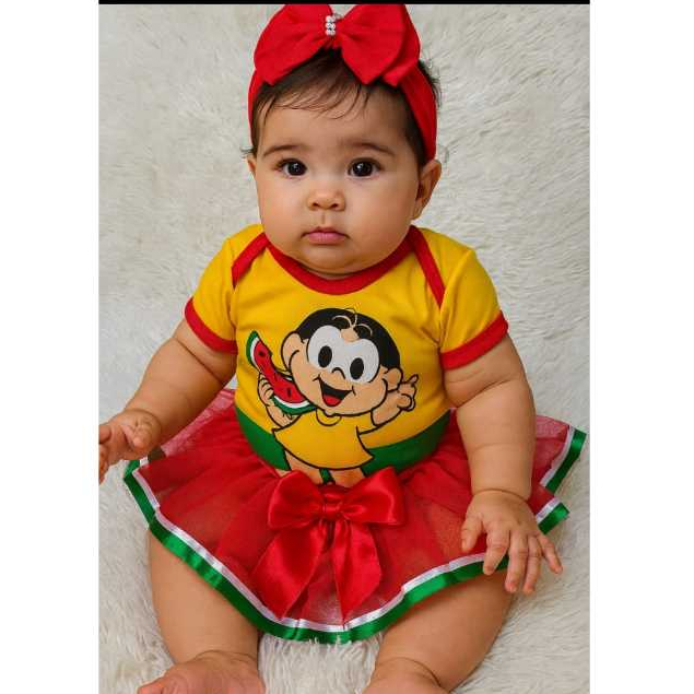 Body de Bebê Mesversario Personagem  Temático Kit Body + laço + Saia MAGALI – MELANCIA amarelo