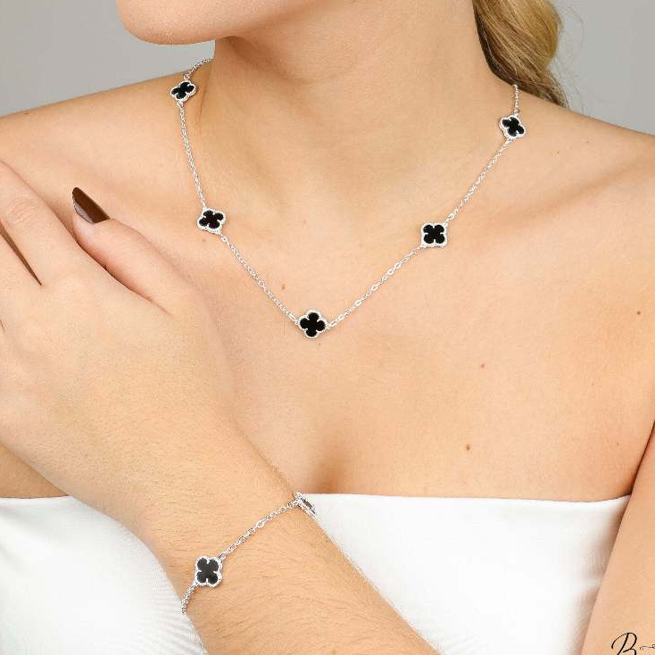 conjunto colar + pulseira trevo virginia preto prata 925 + BRINCO BRlNDE em Oferta na Shopee
